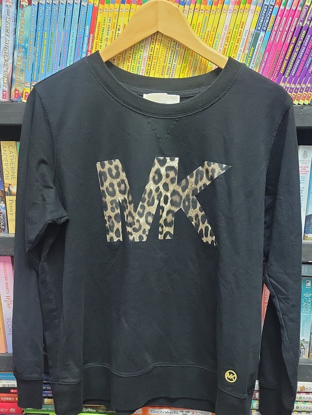 Michael Kors Womens large Black Sweatshirt with Leopard MK Logo